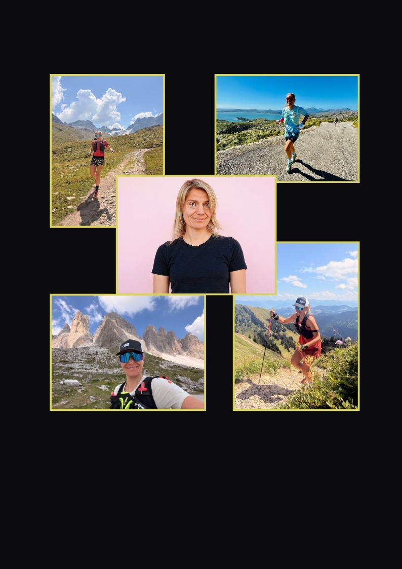 Bildcollage von Isabell Maier beim Trailrunning und Radfahren sowie Porträt